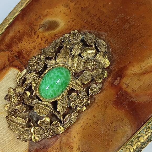 Vintage Hair Brush Brown Marble Like Back Golden Handle Clear Bristles Removable - Picture 6 of 16